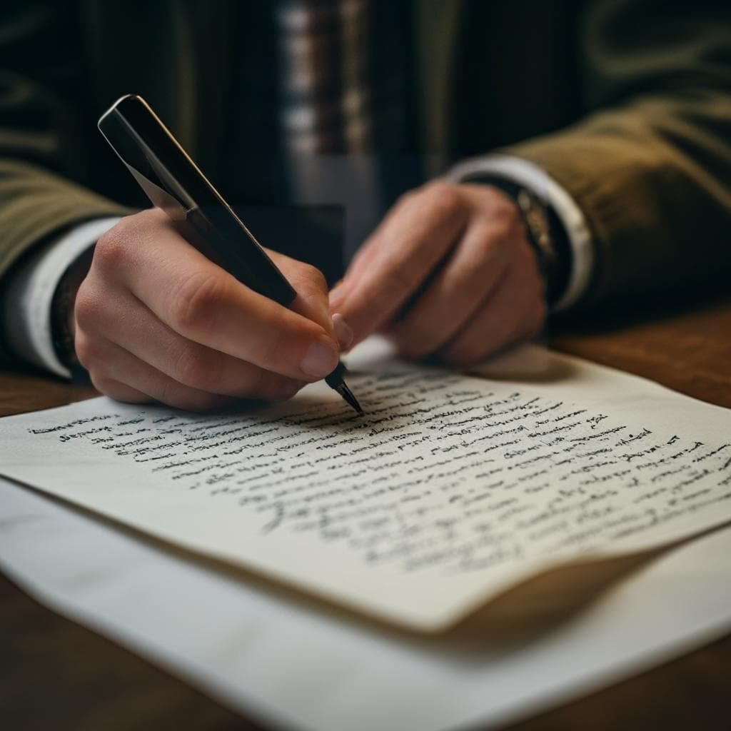 Skoncentrowana osoba trzymająca szkło powiększające nad ręcznie pisany tekst na kartce papieru, z smartfonem
