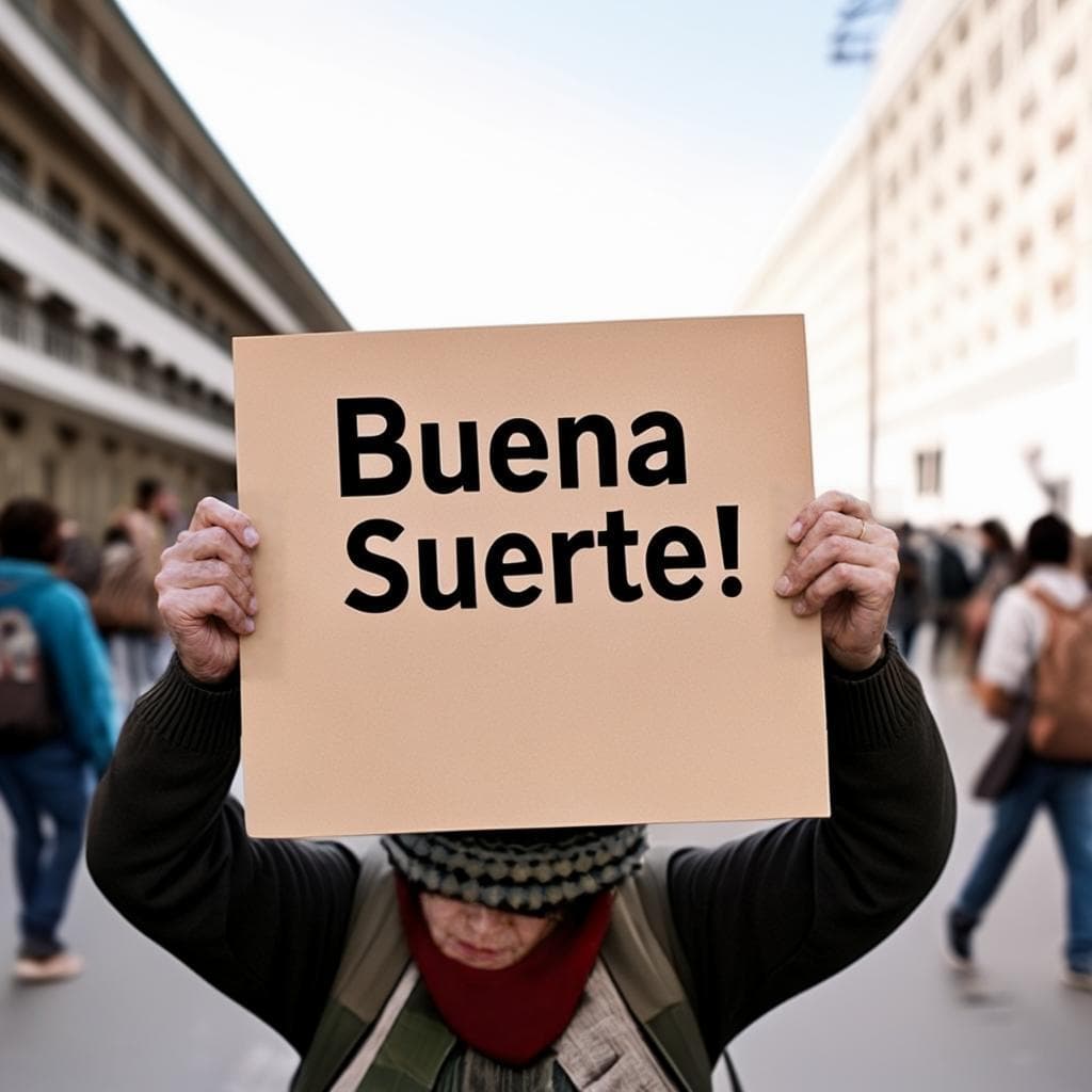 Una persona che tiene in alto un cartello con le parole "¡Buena suerte!" (Buona fortuna!) scritte sopra.