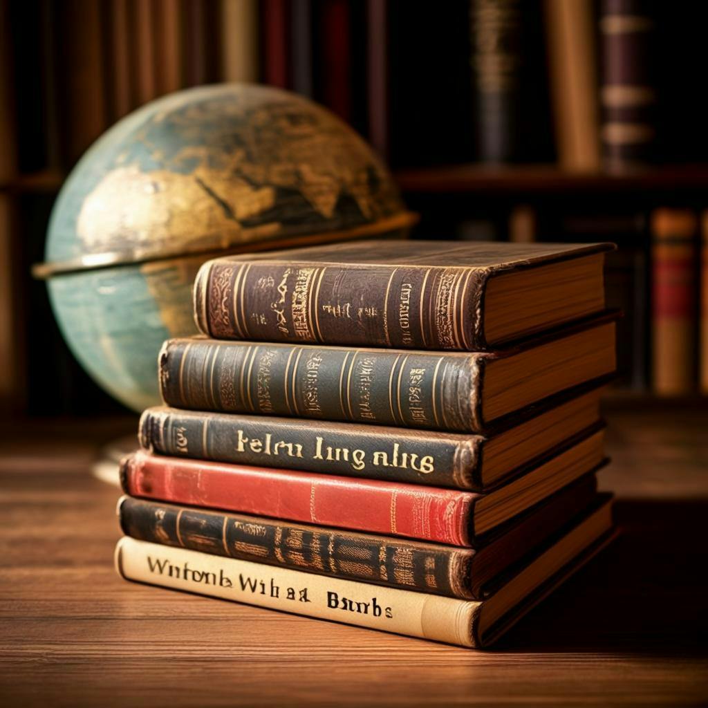 a stack of multilingual books with diverse covers on a wooden desk, illuminated by warm light from above, accompanied by a vintage globe and a quill pen.