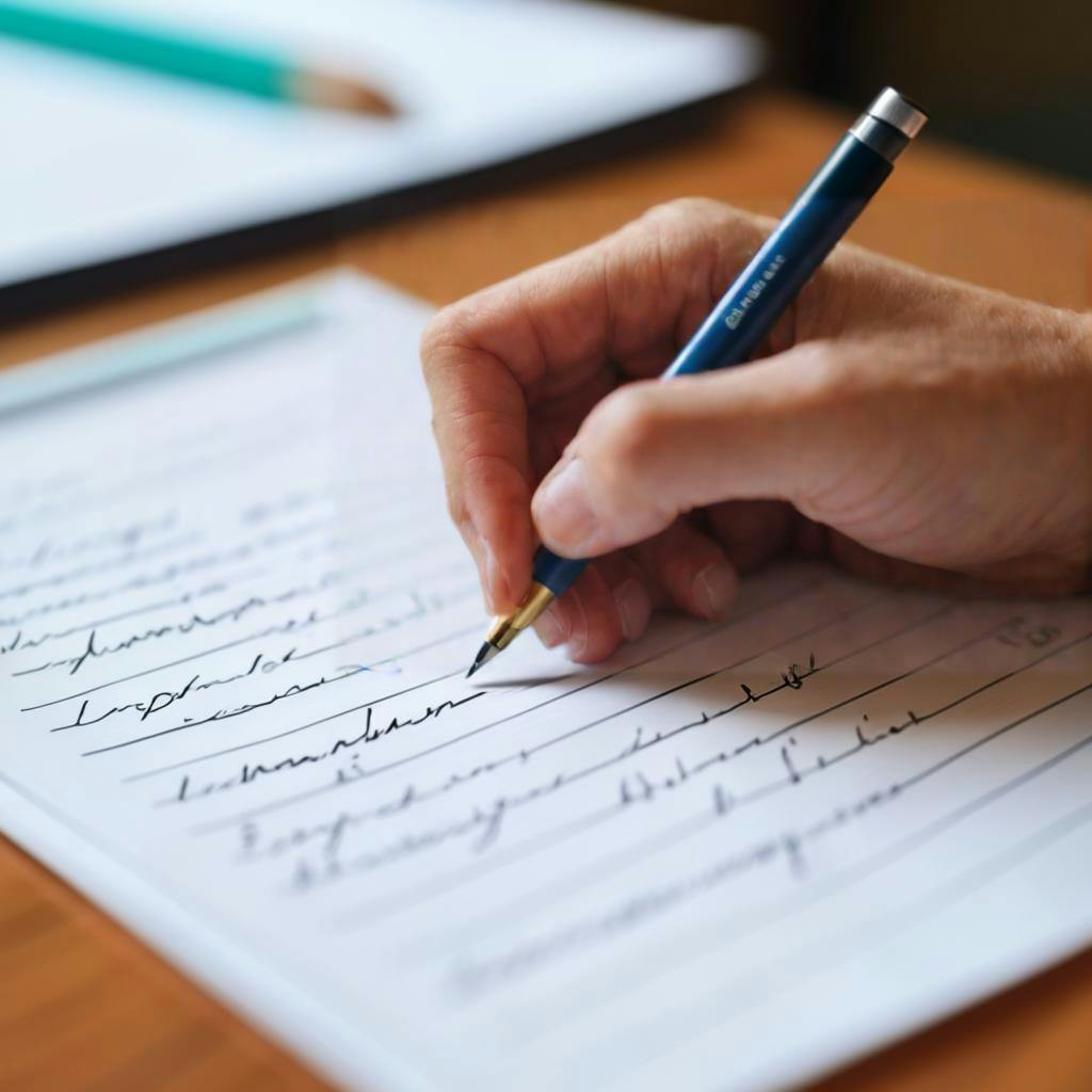 Una persona che scrive su carta con una matita, concentrandosi sul migliorare le proprie abilità di scrittura con strumenti di assistenza per la disortografia nelle vicinanze.