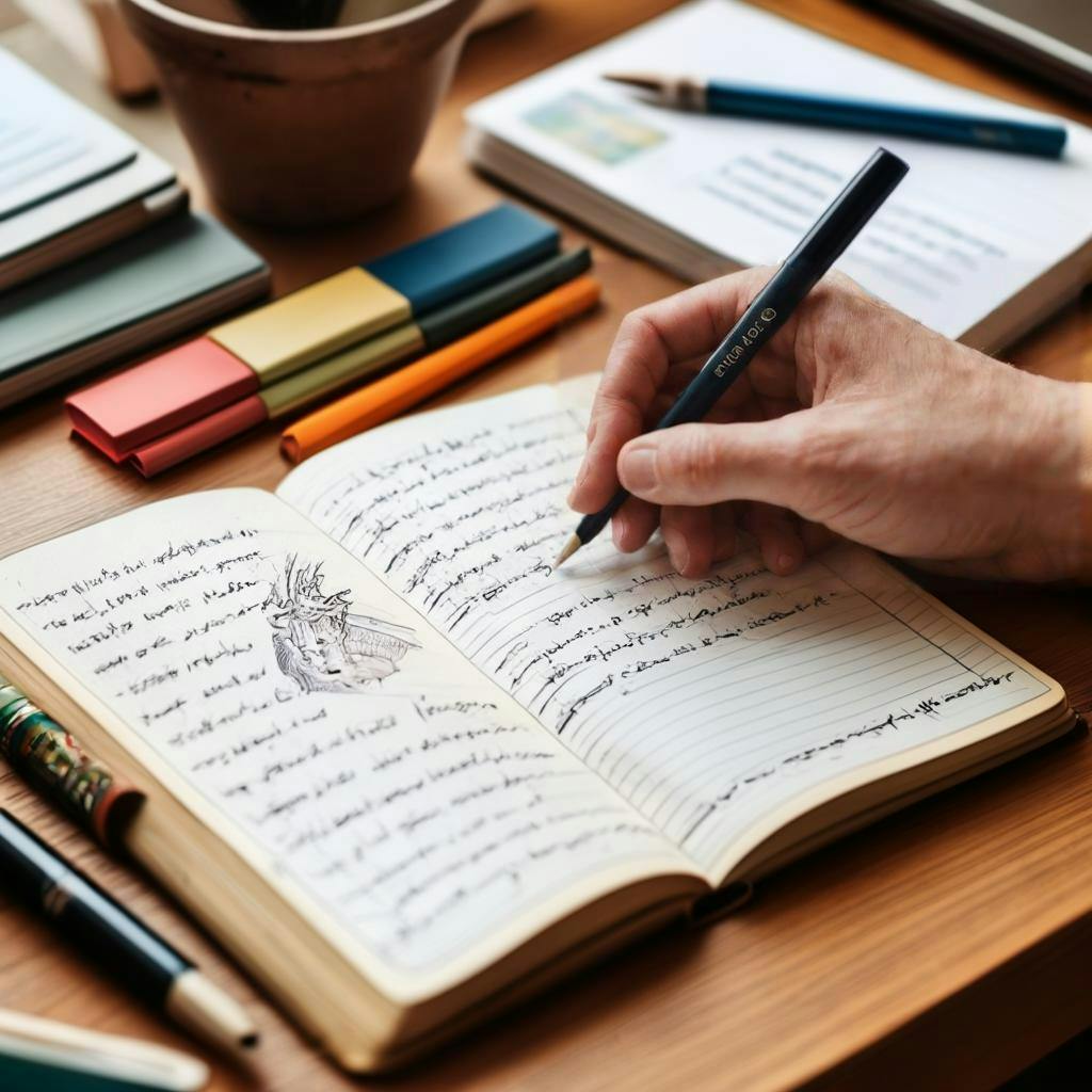 Uma pessoa escrevendo em seu diário de aprendizado de idiomas, cercada por vários itens de papelaria e recursos para aprender idiomas.