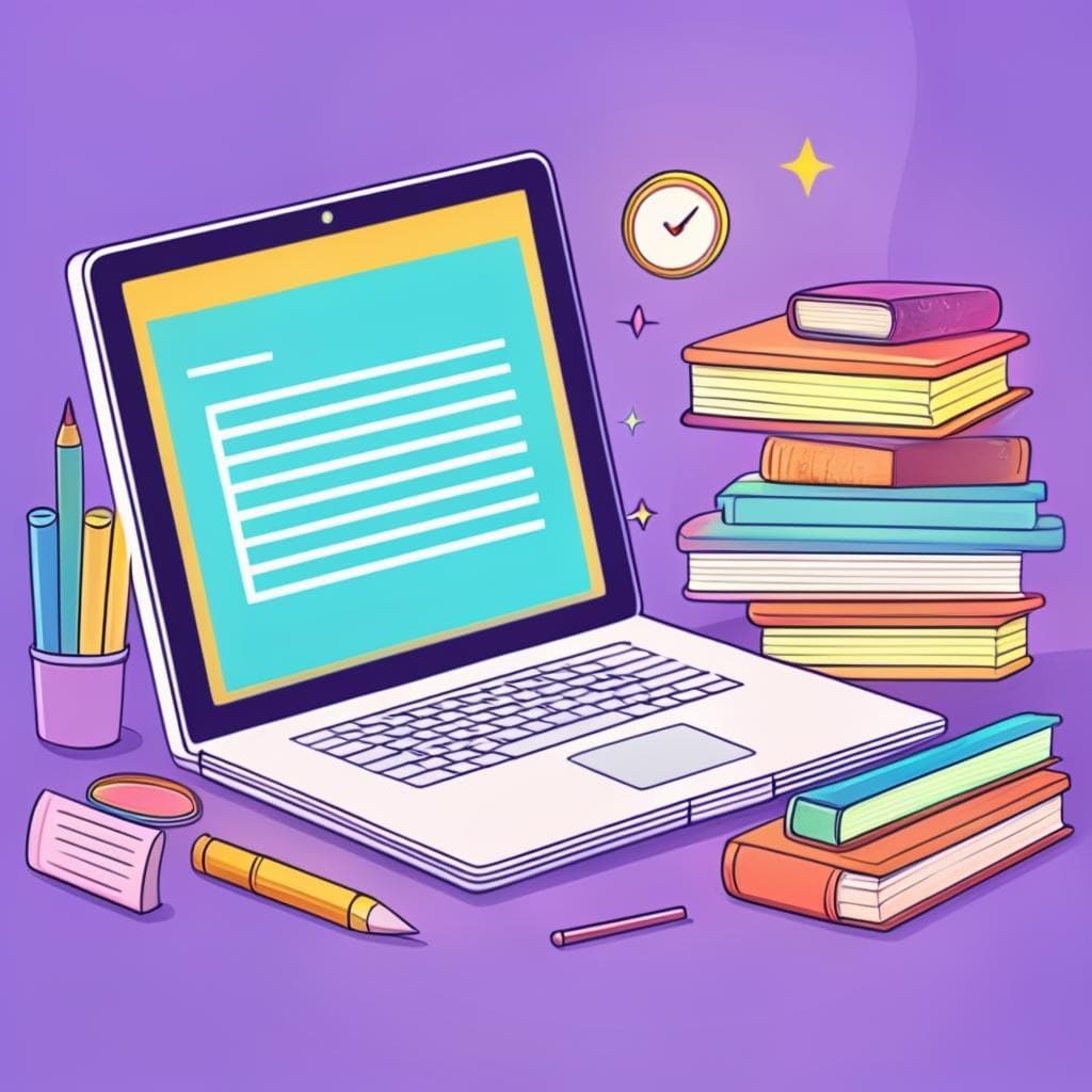 A hand writing in a journal, a digital progress bar, a computer screen with a forum interface, stacked books, and a trophy next to a graduation cap, all arranged on a colorful and inspiring background.