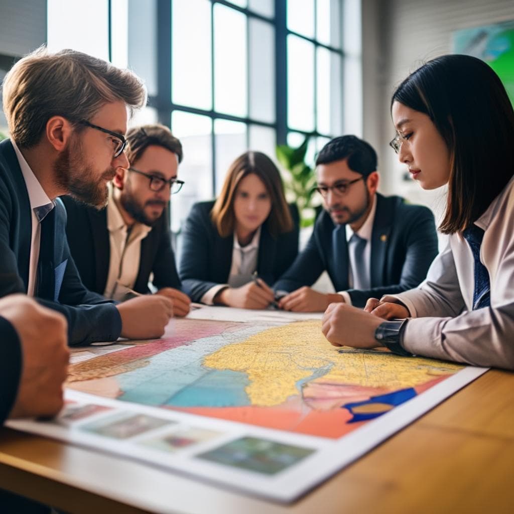 A diverse group of professionals, collaborate on a project around a table, while maps and international flags decorate the background