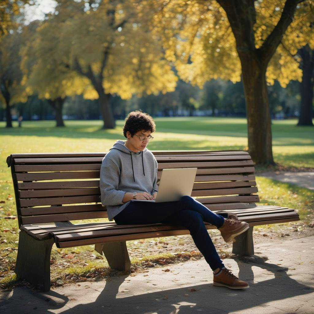 A picture of a someone sitting on a park bench with their laptop.