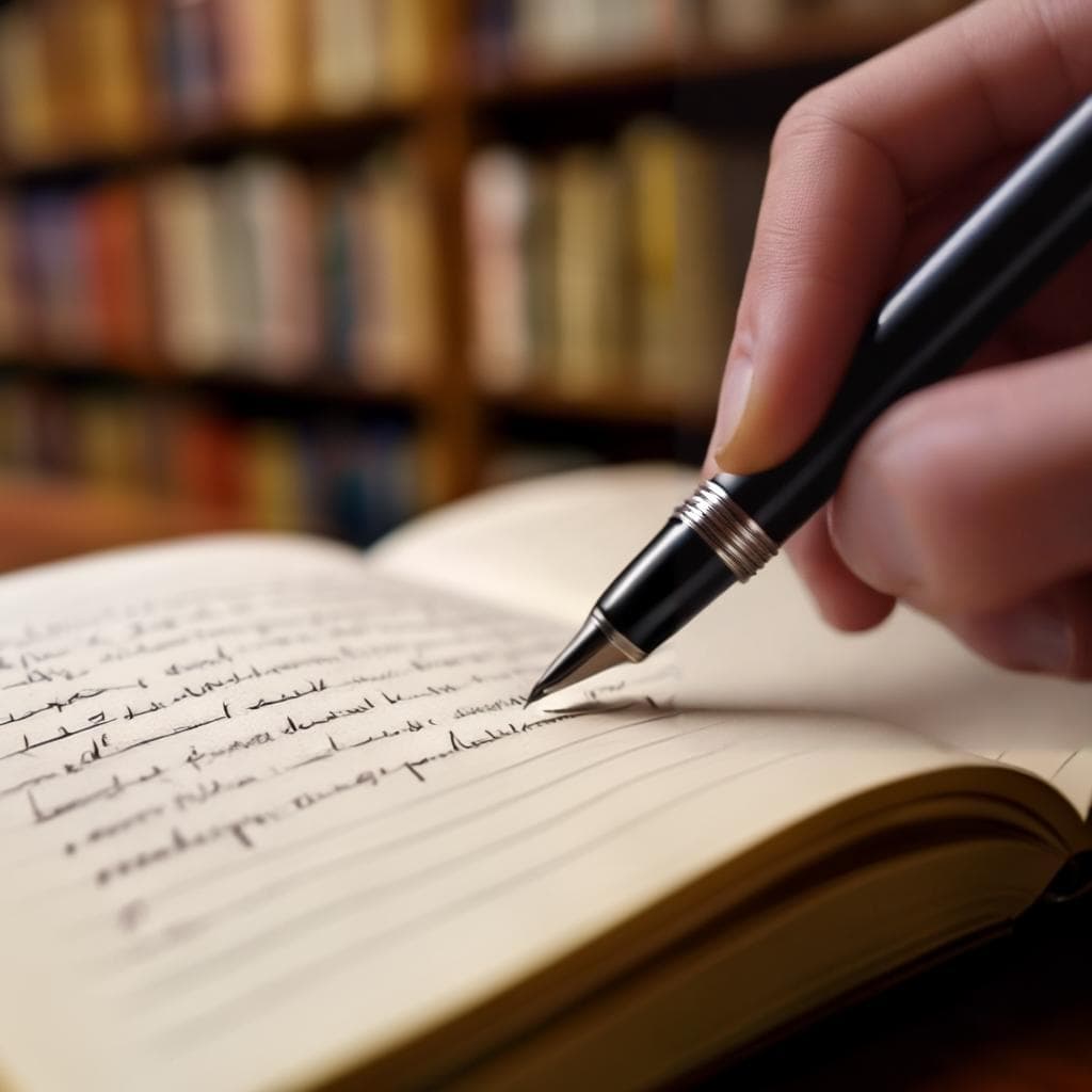 A hand holding a fountain pen above lined paper with underlined words, with a bookshelf softly blurred in the background