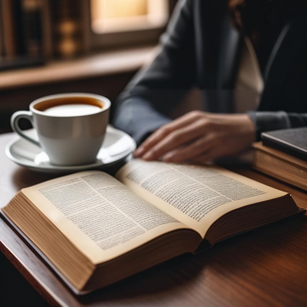 A person holding a French dictionary and typing on a laptop, surrounded by books and coffee, symbolizing language learning and improvement.