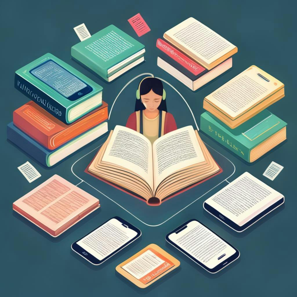 Una persona sosteniendo libros abiertos y usando un teléfono inteligente, rodeada de varios recursos para el aprendizaje de idiomas, simbolizando la inmersión y la dedicación para llegar a ser fluido en un idioma extranjero.