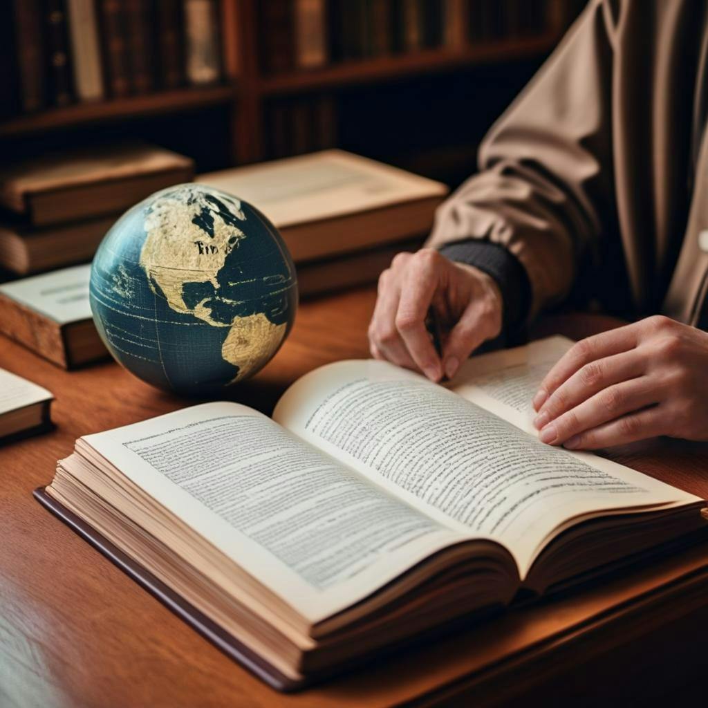 A person holding open books in different languages while sitting at a desk with a globe and pens nearby.