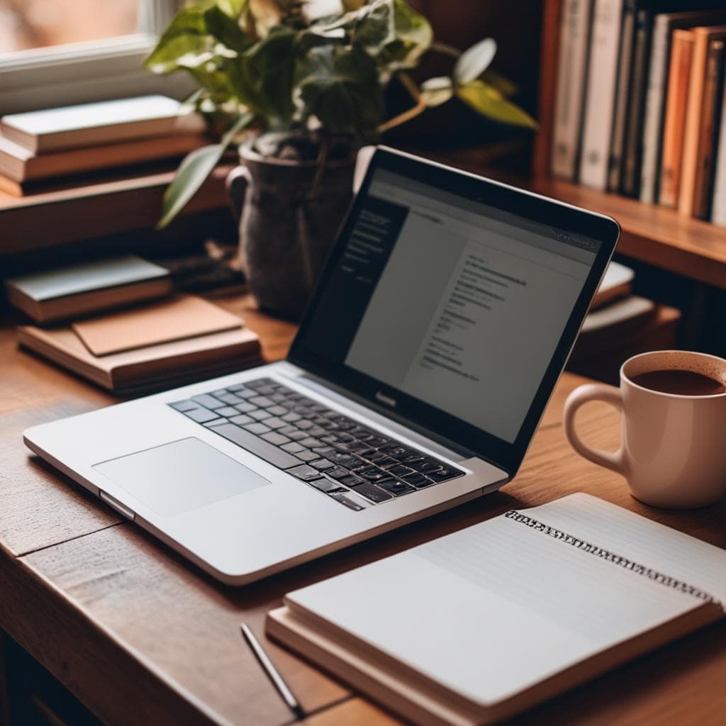 Una persona tecleando en una laptop con una taza de café al lado, rodeada de libros y cuadernos.