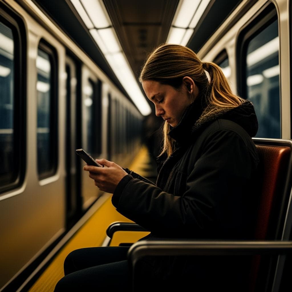 Una persona usando un teléfono en un tren