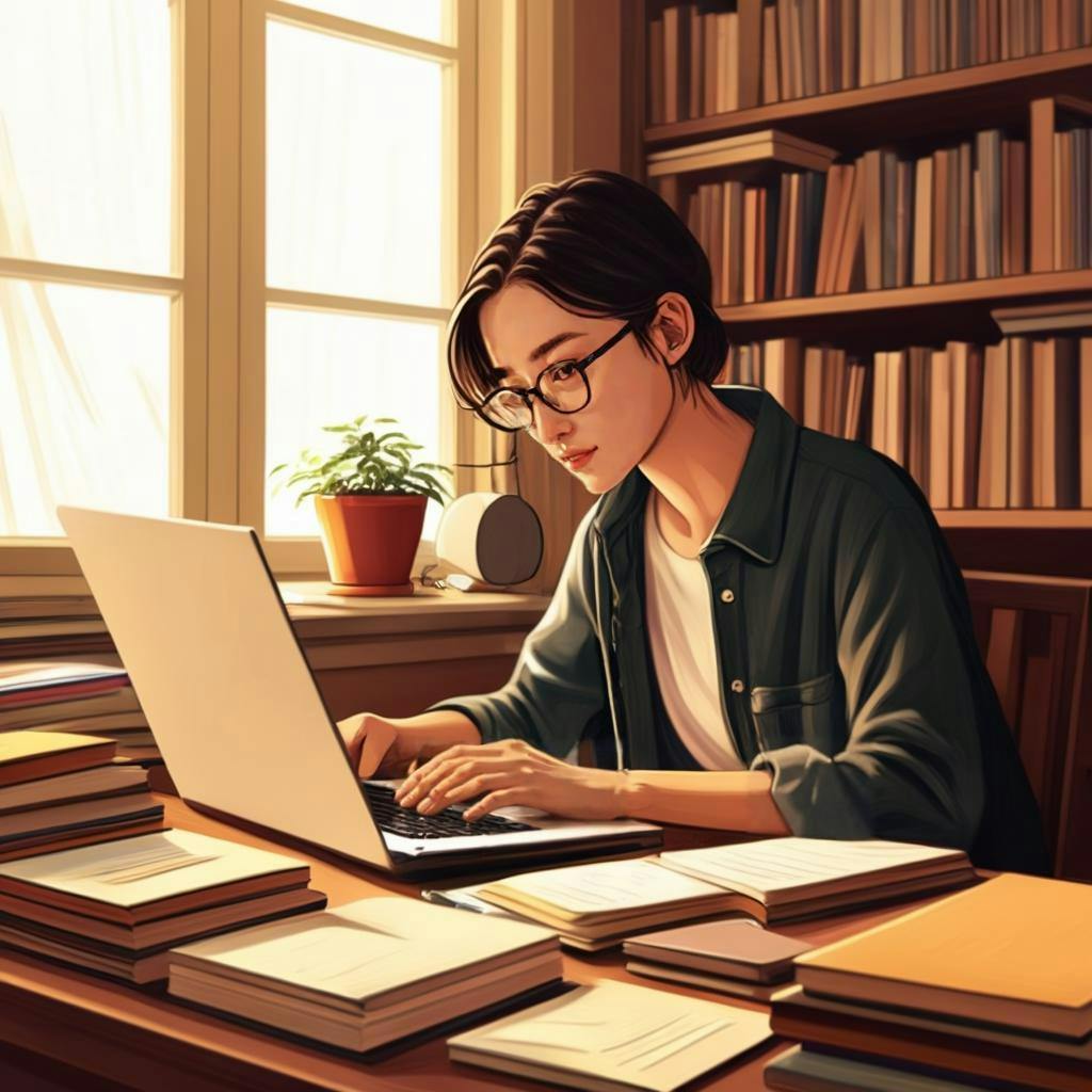 یک فرد در حال تایپ کردن روی لپ‌تاپ با چهره‌ای متفکر، احاطه شده با کتاب‌ها و وسایل نوشتاری