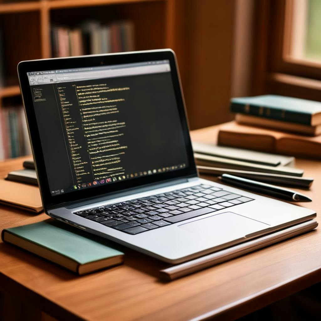 Laptop z książkami i narzędziami do pisania, symbolizujący kursy online i zasoby dla pisarzy.
