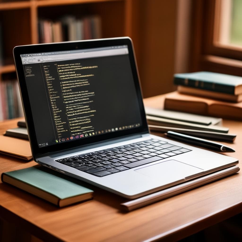 A laptop with books and writing tools, symbolizing online courses and resources for writers.