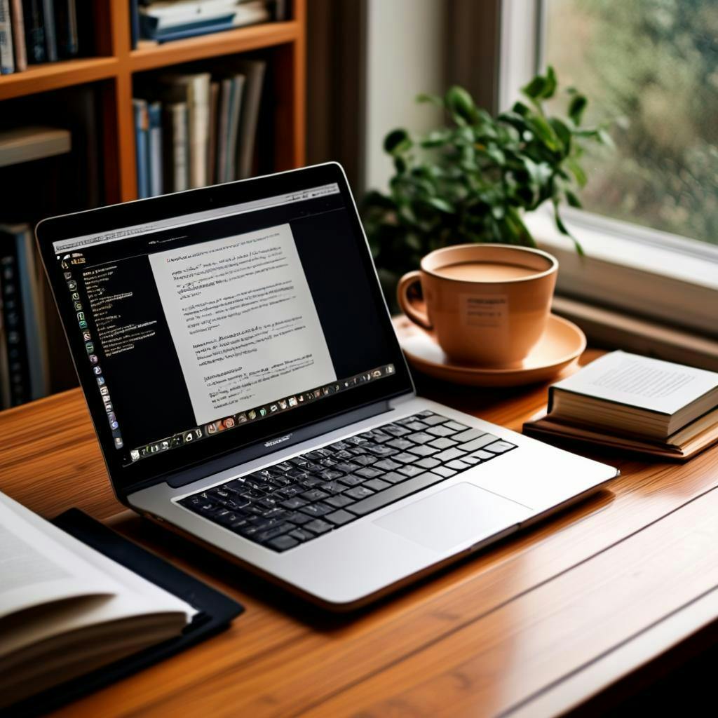 Osoba pisząca na laptopie z francuskim układem klawiatury, otoczona książkami i filiżanką kawy.