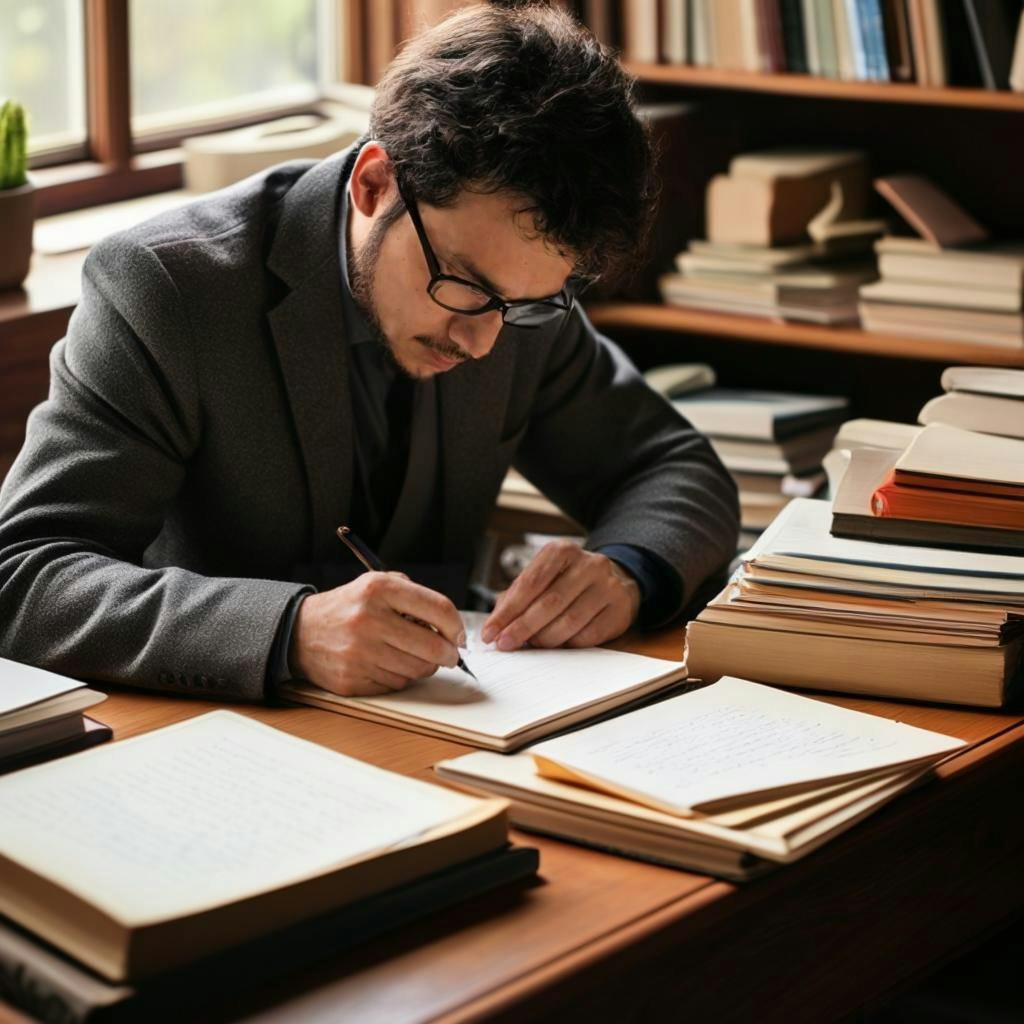 Osoba pisząca przy biurku otoczona różnymi notatkami i książkami.