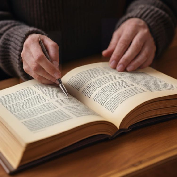 A person holding open a book in one hand while using their other hand to point at words on a page